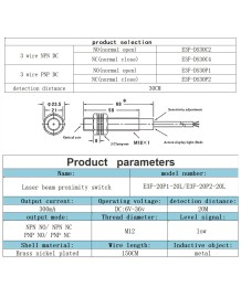 Фотоелектричен сензор E3F-20P2-20L – PNP, Нормално Затворен (NC), 20 м, M12, 6–36V DC