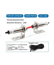 Photoelectric Sensor E3F-20P2-20L – PNP, Normally Closed (NC), 20 m, M12, 6–36V DC