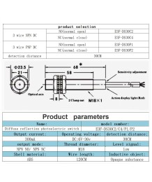 Photoelectric Sensor E3F-DS30P1 – PNP, NO, Diffuse, 30 cm, M18, 6–36 V DC, IP67